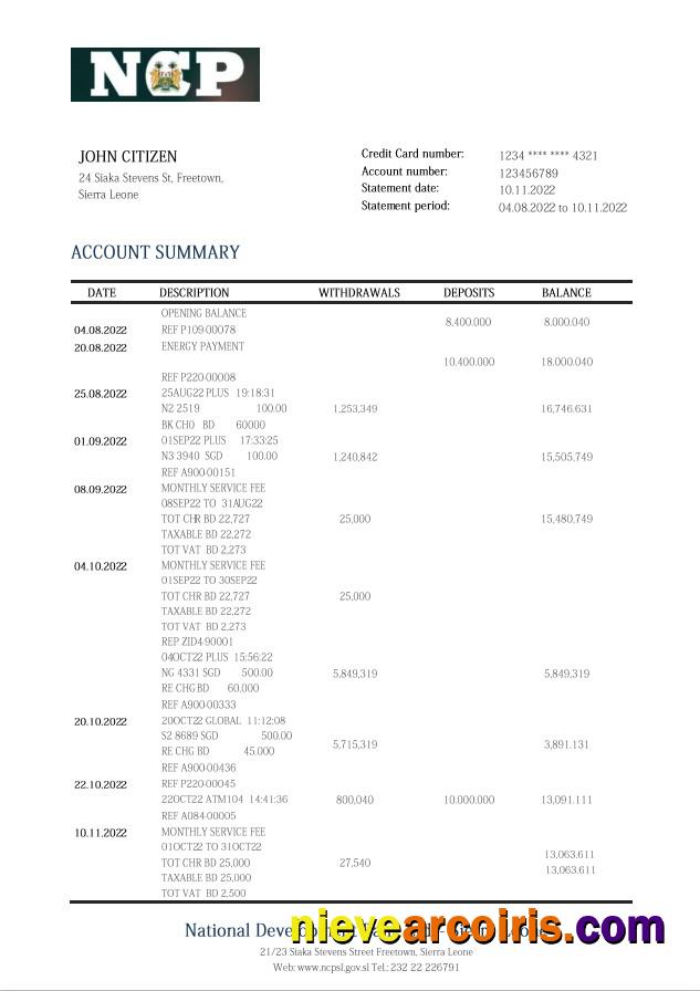 Sierra Leone National Development Bank statement